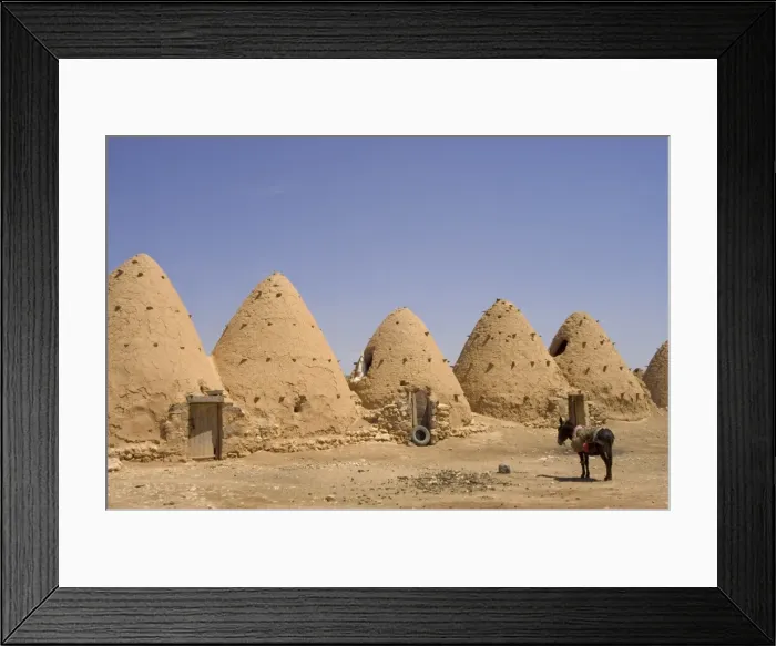Framed Print : Donkey beside beehive houses built of brick and mud Framed Print : Donkey beside beehive houses built of brick and mud