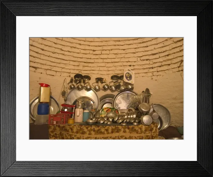 Framed Print : Kitchen ware inside beehive house built of brick and mud Framed Print : Kitchen ware inside beehive house built of brick and mud
