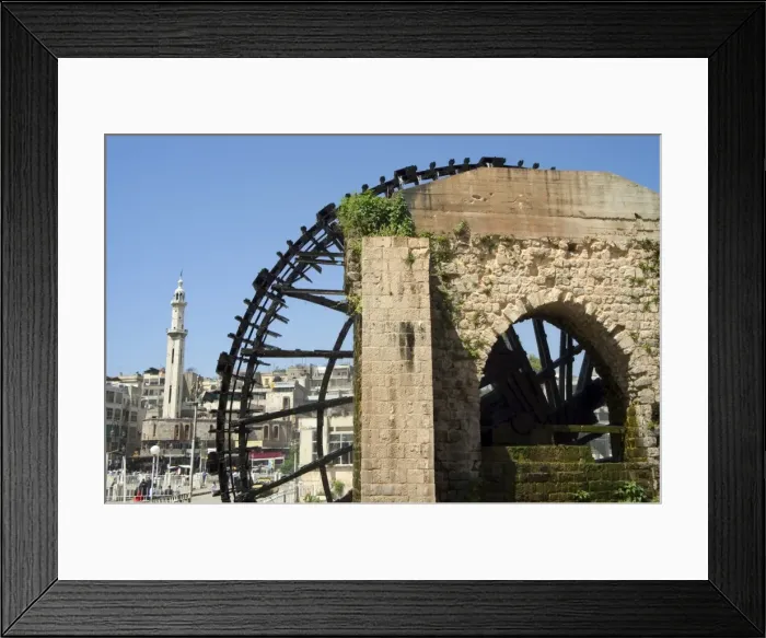 Framed Print : Water wheel on the Orontes River and minaret behind Framed Print : Water wheel on the Orontes River and minaret behind