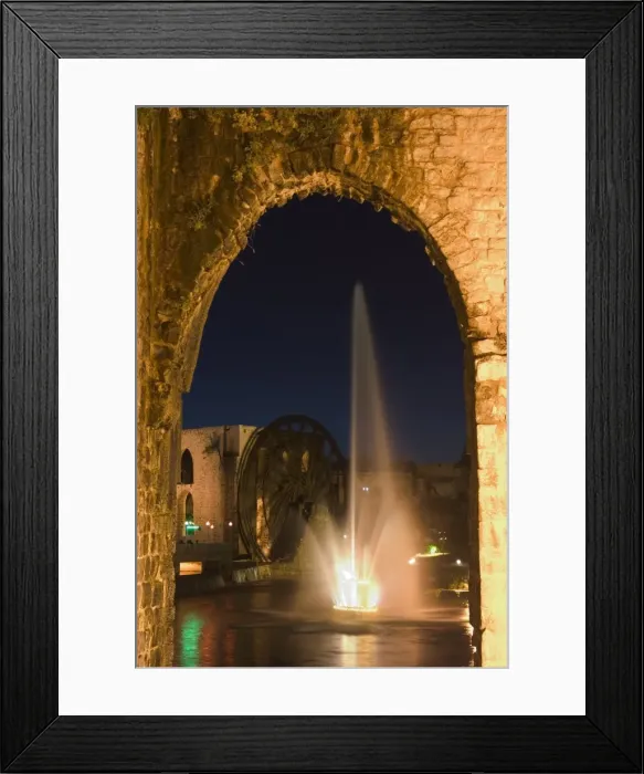 Framed Print : Fountain and water wheel on the Orontes River at night Framed Print : Fountain and water wheel on the Orontes River at night