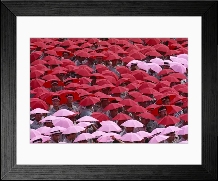 Framed Print : Crowds wearing red and pink umbrella hats during Framed Print : Crowds wearing red and pink umbrella hats during