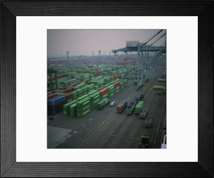Framed Print : Aerial of Evergreen containers and cranes in a terminal in Taiwan Framed Print : Aerial of Evergreen containers and cranes in a terminal in Taiwan