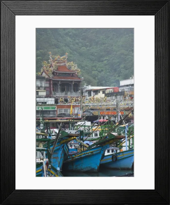 Framed Print : Temple, boats in harbour port Framed Print : Temple, boats in harbour port