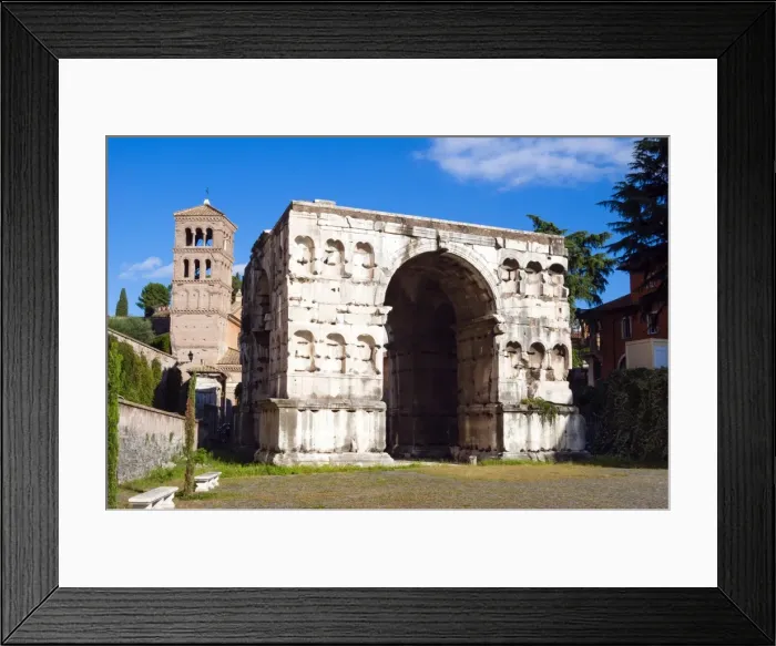 Framed Print : Quadrifrons triumphal arch of Janus, Belltower of San Giorgio in Velabros church Framed Print : Quadrifrons triumphal arch of Janus, Belltower of San Giorgio in Velabros church