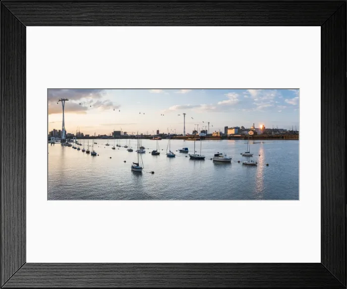 Framed Print : River Thames at sunset and the Emirates Air Line Cable Car, East London, England Framed Print : River Thames at sunset and the Emirates Air Line Cable Car, East London, England