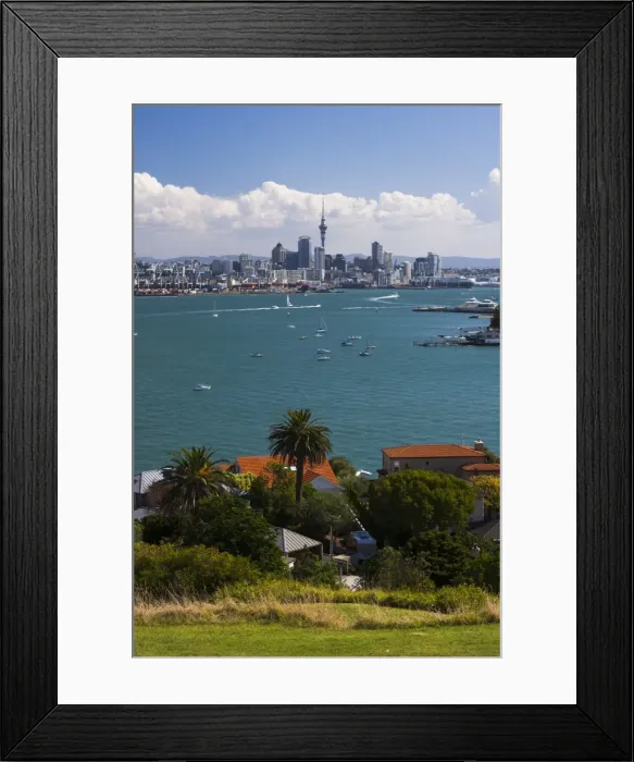 Framed Print : Auckland City skyline and Auckland Harbour seen from Devenport, North Island, New Zealand Framed Print : Auckland City skyline and Auckland Harbour seen from Devenport, North Island, New Zealand