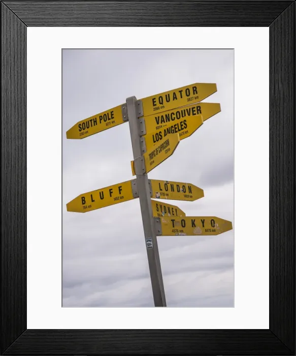 Framed Print : City distances sign at Cape Reinga Lighthouse, Northland, North Island, New Zealand Framed Print : City distances sign at Cape Reinga Lighthouse, Northland, North Island, New Zealand