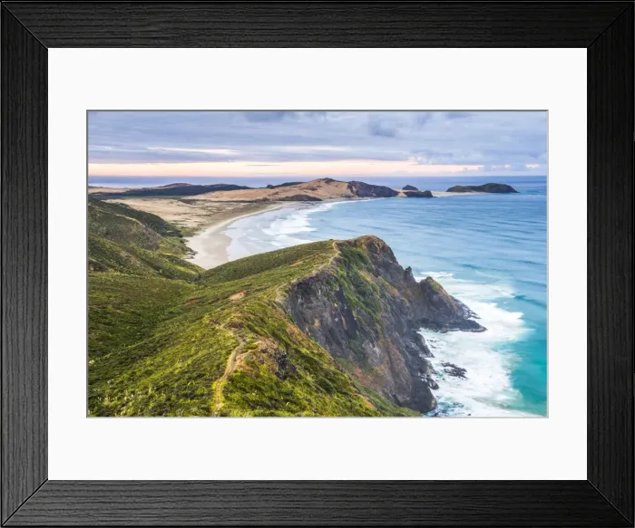 Framed Print : Te Werahi Beach at sunrise, with Te Paki Coastal Track path visible, Cape Reinga Framed Print : Te Werahi Beach at sunrise, with Te Paki Coastal Track path visible, Cape Reinga