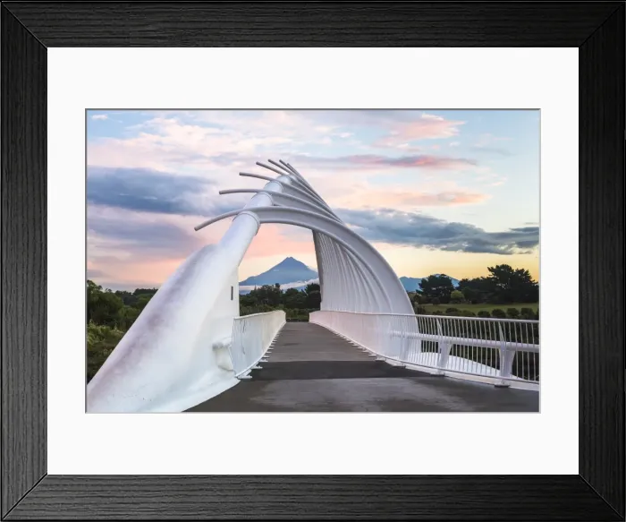 Framed Print : Te Rewa Rewa Bridge at sunset with Mount Taranaki (Mount Egmont) behind, Taranaki Region Framed Print : Te Rewa Rewa Bridge at sunset with Mount Taranaki (Mount Egmont) behind, Taranaki Region