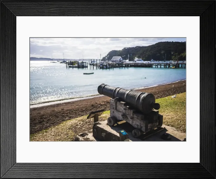 Framed Print : Old cannon used to defend Russell in 1845, Bay of Islands, Northland Region, North Island Framed Print : Old cannon used to defend Russell in 1845, Bay of Islands, Northland Region, North Island