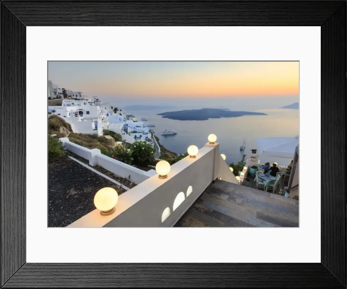 Framed Print : The fiery red sky on the Aegean Sea after sunset seen from the typical terraces of Firostefani Framed Print : The fiery red sky on the Aegean Sea after sunset seen from the typical terraces of Firostefani