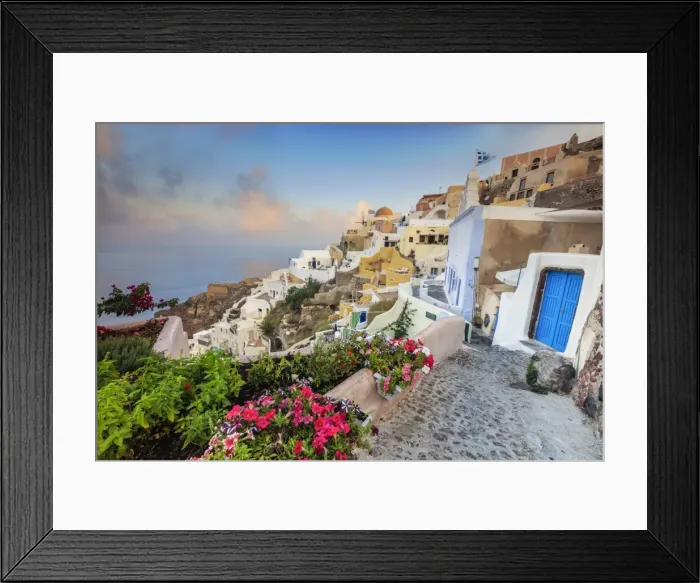 Framed Print : Bougainvillea flowers and typical houses on the Aegean Sea at sunrise, Oia, Santorini Framed Print : Bougainvillea flowers and typical houses on the Aegean Sea at sunrise, Oia, Santorini
