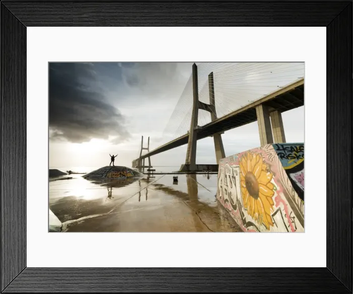 Framed Print : The colorful murals around Vasco Da Gama bridge emphasize its architecture and atmosphere at dawn