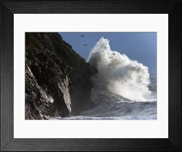 Framed Print : Huge waves crash against cliffs at Criccieth, Gwynedd, Wales, United Kingdom, Europe Framed Print : Huge waves crash against cliffs at Criccieth, Gwynedd, Wales, United Kingdom, Europe