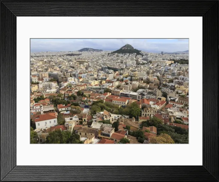 Framed Print : Elevated Athens city view from the Acropolis, towards Lykavittos Hill and Parliament across Plaka Framed Print : Elevated Athens city view from the Acropolis, towards Lykavittos Hill and Parliament across Plaka