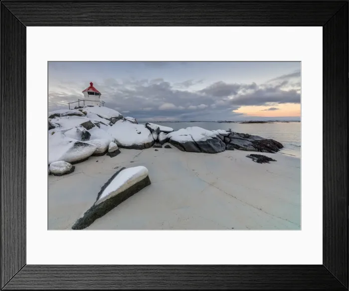 Framed Print : Colorful arctic sunset on the lighthouse surrounded by snow and icy sand, Eggum, Vestvagoy