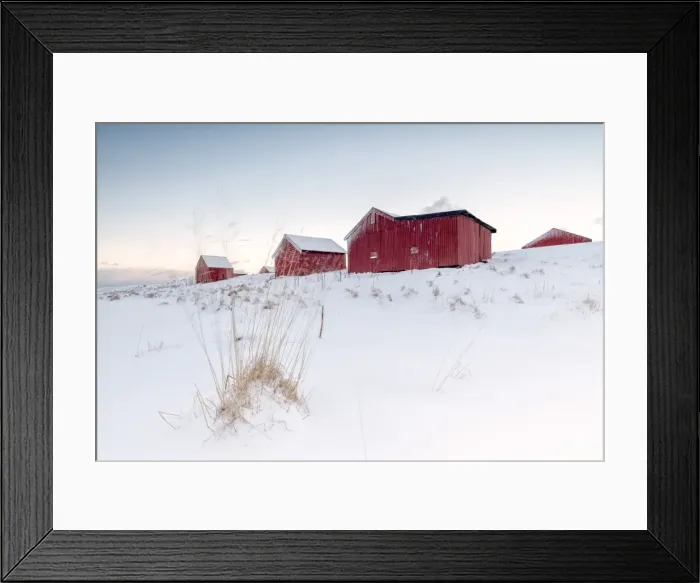 Framed Print : Fresh snow surrounds the typical fishermen houses called Rorbu in winter, Eggum, Vestvagoy Framed Print : Fresh snow surrounds the typical fishermen houses called Rorbu in winter, Eggum, Vestvagoy
