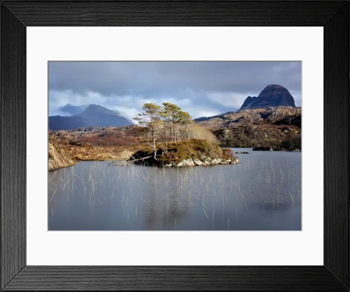 Framed Print : Two mountains of Silvan and Canisp from Loch Druim Suardalain, Sutherland, Scotland Framed Print : Two mountains of Silvan and Canisp from Loch Druim Suardalain, Sutherland, Scotland