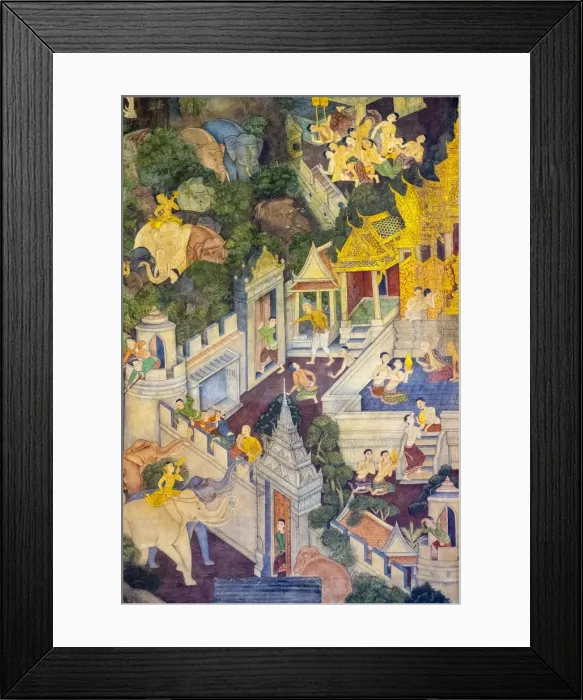 Framed Print : Colorful painted murals depicting scenes from life of Buddha, inside Wat Pho (Temple Framed Print : Colorful painted murals depicting scenes from life of Buddha, inside Wat Pho (Temple