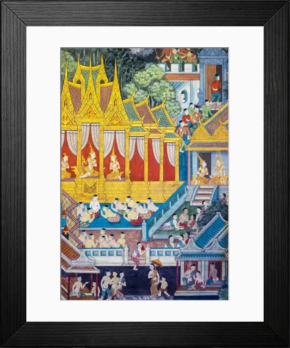 Framed Print : Colorful painted murals depicting scenes from life of Buddha, inside Wat Pho (Temple Framed Print : Colorful painted murals depicting scenes from life of Buddha, inside Wat Pho (Temple