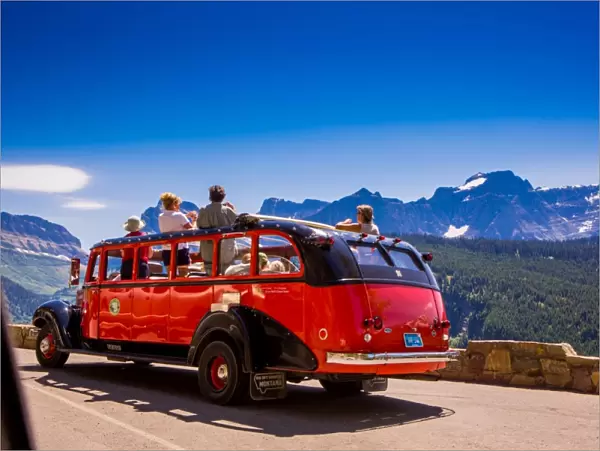 Vintage tour bus on the Sun Road, Glacier National Park, Montana, United States of America