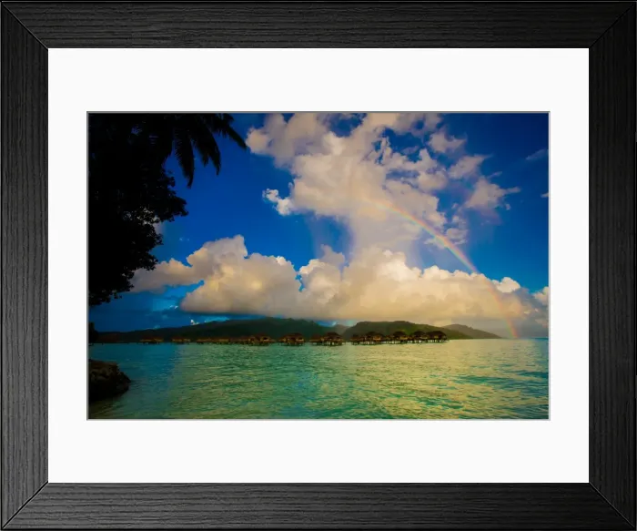 Framed Print : Rainbow arcing over the overwater bungalows, Le Taha a Resort, Tahiti, French Polynesia