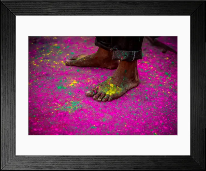 Framed Print : Mans bare feet during the color pigment throwing festival, Holi Festival, Vrindavan Framed Print : Mans bare feet during the color pigment throwing festival, Holi Festival, Vrindavan