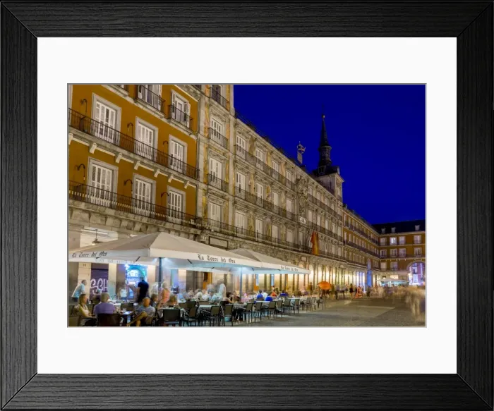 Framed Print : Plaza Mayor cafes at dusk, Madrid, Spain, Europe Framed Print : Plaza Mayor cafes at dusk, Madrid, Spain, Europe