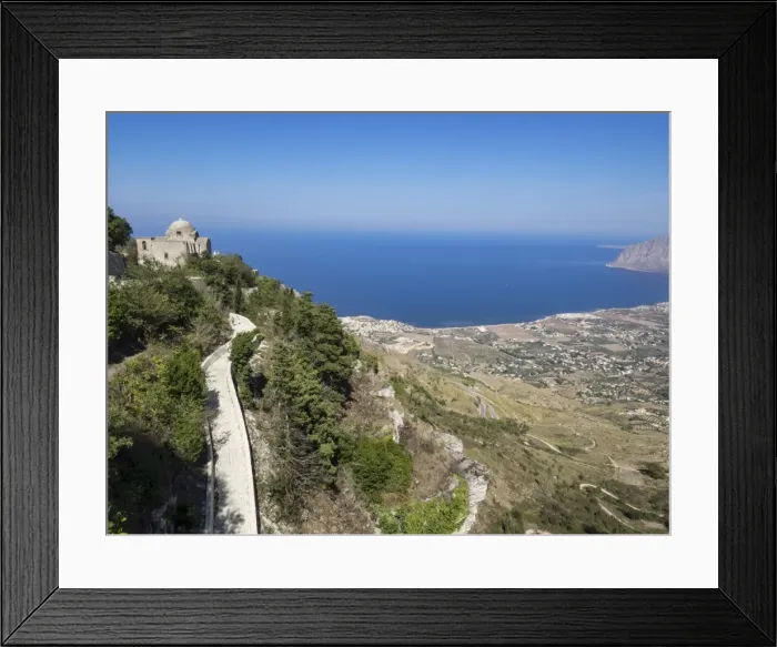 Framed Print : San Giovanni Church and view of coastline from Town Walls, Erice, Sicily, Italy, Mediterranean Framed Print : San Giovanni Church and view of coastline from Town Walls, Erice, Sicily, Italy, Mediterranean