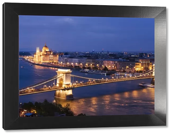 View over River Danube, Chain Bridge and Hungarian Parliament Building at night