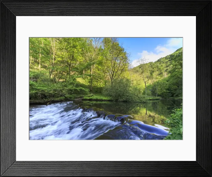 Framed Print : River Wye with weir runs through verdant wood in Millers Dale, reflections in calm water Framed Print : River Wye with weir runs through verdant wood in Millers Dale, reflections in calm water