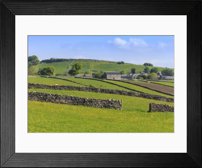 Framed Print : Typical spring landscape of village, cattle, fields, dry stone walls and hills, May Framed Print : Typical spring landscape of village, cattle, fields, dry stone walls and hills, May