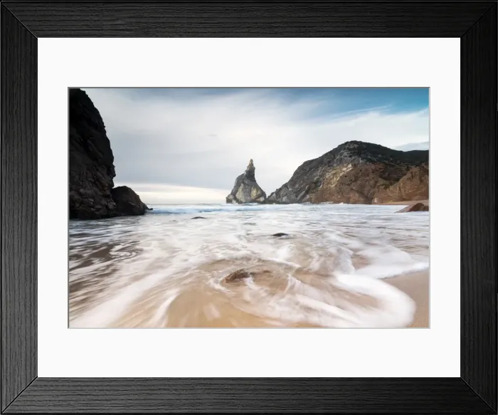 Framed Print : Ocean waves crashing on the sandy beach of Praia da Ursa surrounded by cliffs, Cabo da Roca Framed Print : Ocean waves crashing on the sandy beach of Praia da Ursa surrounded by cliffs, Cabo da Roca