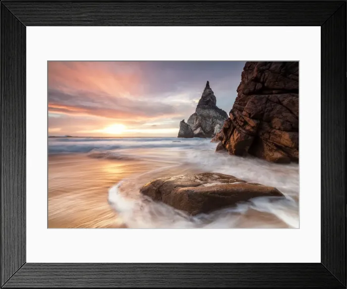 Framed Print : The fiery sky at sunset is reflected on the ocean waves and cliffs, Praia da Ursa Framed Print : The fiery sky at sunset is reflected on the ocean waves and cliffs, Praia da Ursa