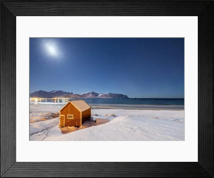 Framed Print : Moonlight on a typical fishermen cabin surrounded by snow, Ramberg, Flakstad, Nordland County Framed Print : Moonlight on a typical fishermen cabin surrounded by snow, Ramberg, Flakstad, Nordland County