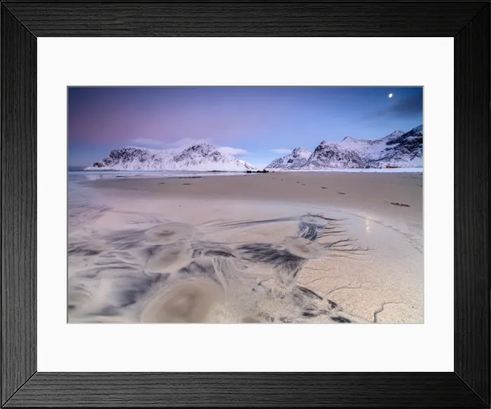 Framed Print : Full moon reflected on sand in the surreal scenery of Skagsanden beach, Flakstad Framed Print : Full moon reflected on sand in the surreal scenery of Skagsanden beach, Flakstad