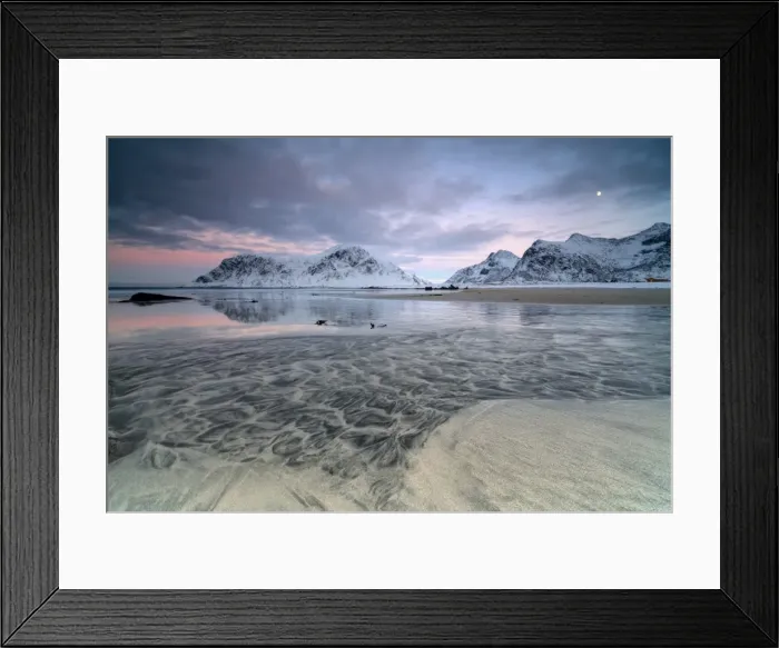 Framed Print : Black sand and full moon as surreal scenery at Skagsanden beach, Flakstad, Nordland county Framed Print : Black sand and full moon as surreal scenery at Skagsanden beach, Flakstad, Nordland county