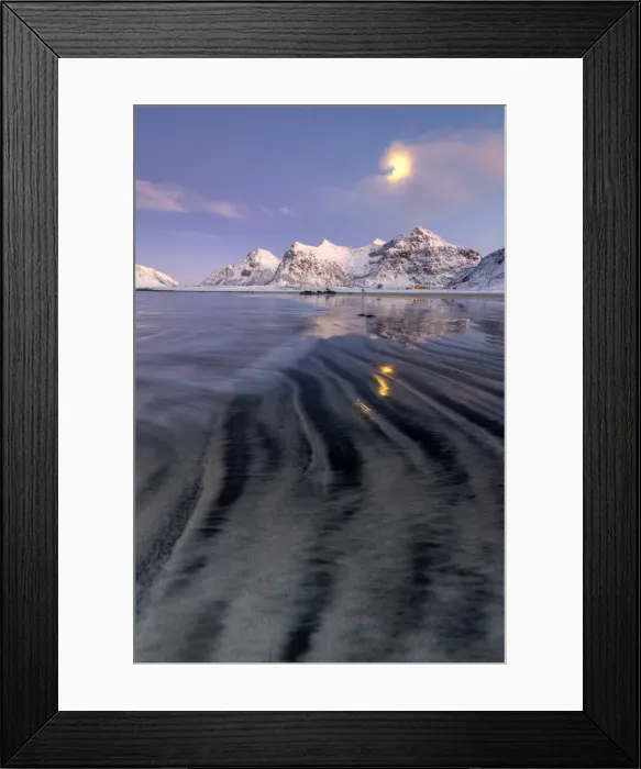 Framed Print : Full moon reflected in the icy sea around the surreal Skagsanden beach, Flakstad Framed Print : Full moon reflected in the icy sea around the surreal Skagsanden beach, Flakstad