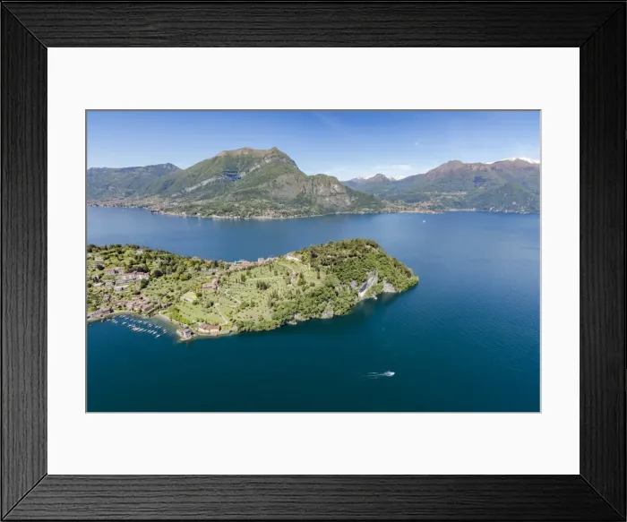 Framed Print : Aerial view of the village of Bellagio framed by clear waters of Lake Como with sailboats Framed Print : Aerial view of the village of Bellagio framed by clear waters of Lake Como with sailboats