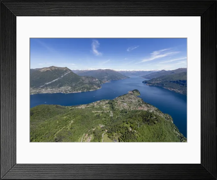 Framed Print : Aerial view of the village of Bellagio frames by the blue water of Lake Como on a sunny spring day Framed Print : Aerial view of the village of Bellagio frames by the blue water of Lake Como on a sunny spring day