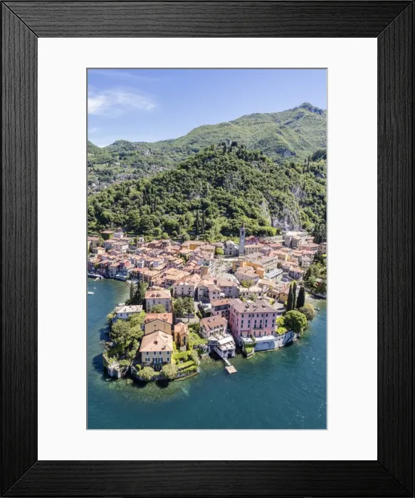 Framed Print : Aerial view of the picturesque village of Varenna surrounded by Lake Como and gardens Framed Print : Aerial view of the picturesque village of Varenna surrounded by Lake Como and gardens