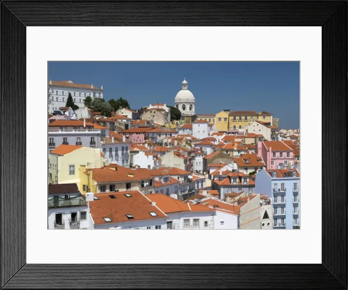 Framed Print : Terracotta roofs and the ancient dome seen from Miradouro Alfama one of the many Framed Print : Terracotta roofs and the ancient dome seen from Miradouro Alfama one of the many