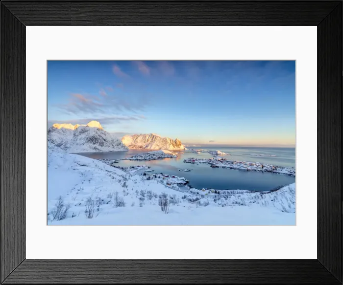 Framed Print : The colors of dawn frame the fishing villages surrounded by snowy peaks, Reine, Nordland Framed Print : The colors of dawn frame the fishing villages surrounded by snowy peaks, Reine, Nordland