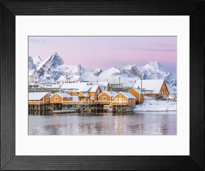 Framed Print : The colors of dawn frame the fishermens houses surrounded by frozen sea, Sakrisoy Framed Print : The colors of dawn frame the fishermens houses surrounded by frozen sea, Sakrisoy