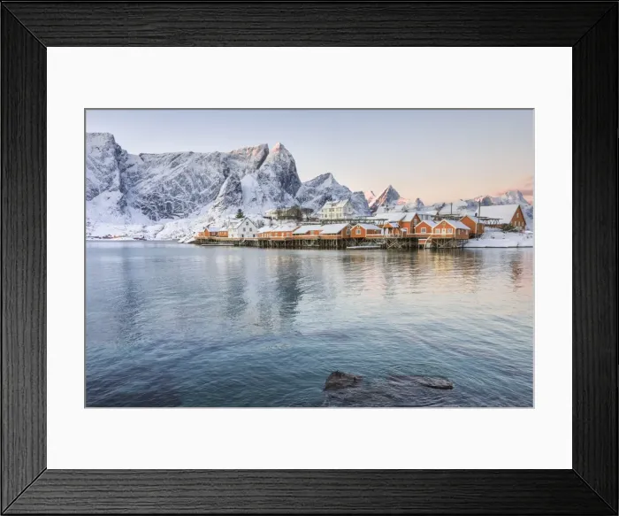 Framed Print : The colors of dawn frame the fishermens houses surrounded by snowy peaks, Sakrisoy Framed Print : The colors of dawn frame the fishermens houses surrounded by snowy peaks, Sakrisoy