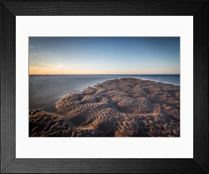 Framed Print : Sand formations at Budle Bay, with Holy Island Castle in the distance, Northumberland Framed Print : Sand formations at Budle Bay, with Holy Island Castle in the distance, Northumberland