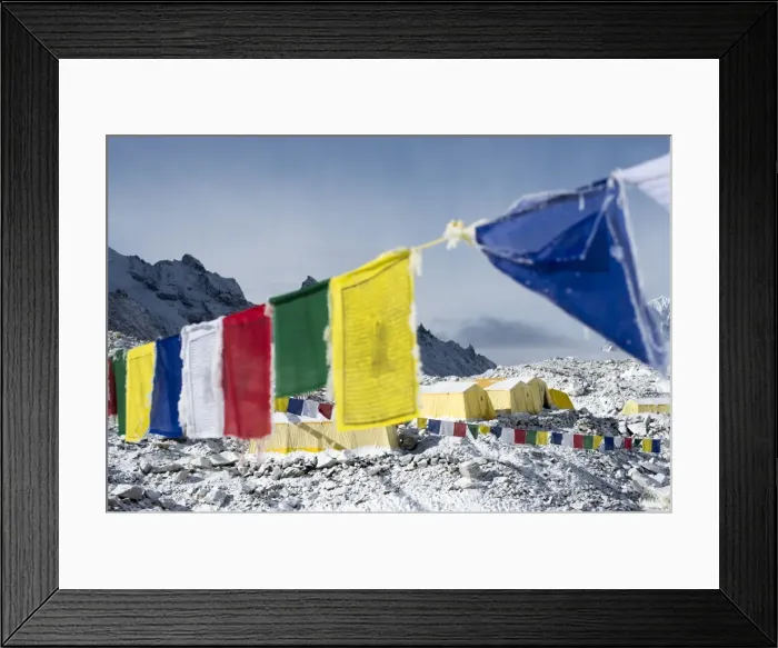Framed Print : Prayer flags and the Everest base camp at the end of the Khumbu glacier that lies at 5350m Framed Print : Prayer flags and the Everest base camp at the end of the Khumbu glacier that lies at 5350m
