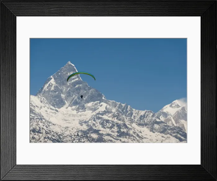 Framed Print : A paraglider hangs in the air with the dramatic peak of Machapuchare (Fishtail mountain) Framed Print : A paraglider hangs in the air with the dramatic peak of Machapuchare (Fishtail mountain)