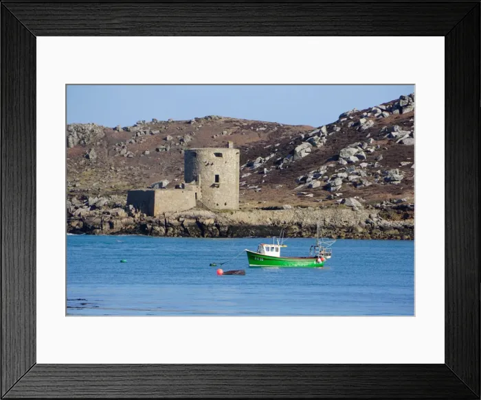 Framed Print : Fishing boat, Cromwells Castle on Tresco, Isles of Scilly, England, United Kingdom Framed Print : Fishing boat, Cromwells Castle on Tresco, Isles of Scilly, England, United Kingdom