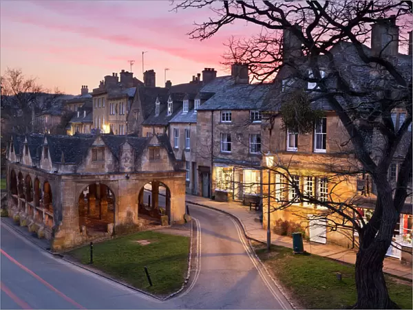 Market Hall and Cotswold stone cottages on High Street, Chipping Campden, Cotswolds
